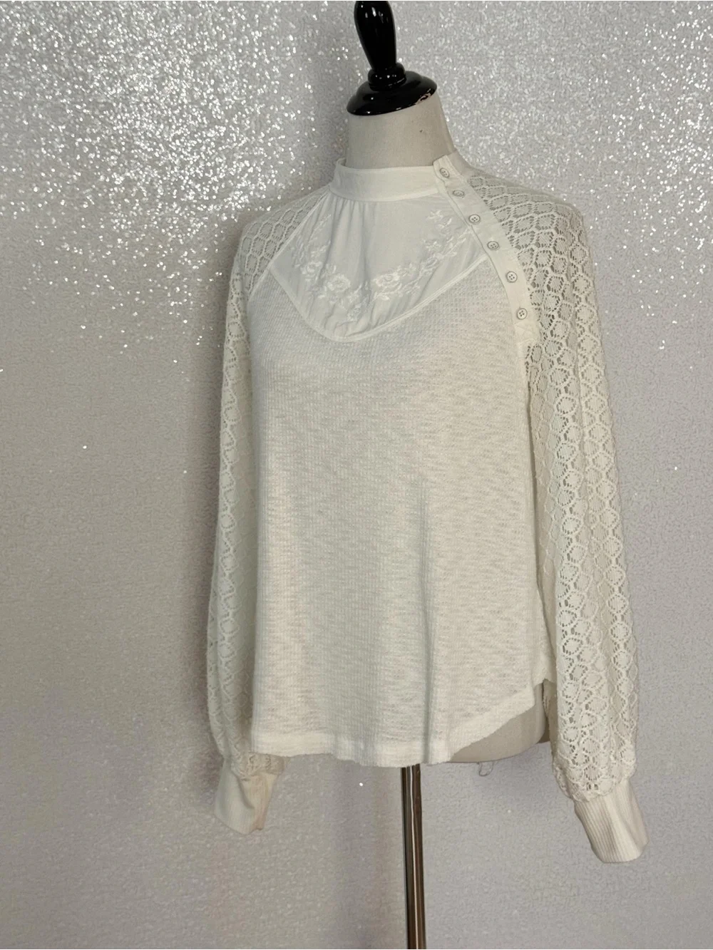 Free People Sweetest Thing Thermal Top Ivory Lace Sleeve Boho Cottagecore